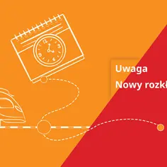 Uwaga! Nowy rozkład jazdy na dworcu kolejowym Elbląg. Pociąg i kalendarz z zegarem symbolizują zmiany.
