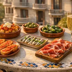 Tapas na stole w Barcelonie: patatas bravas, oliwki, papryczki padrón, sardynki, jamón i pieczywo z pomidorami. Zastanawiasz się, ile kosztuje obiad w Barcelonie?