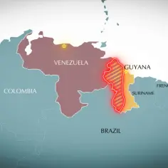 Mapa pokazuje gdzie jest Wenezuela, jej sąsiadów: Kolumbię, Brazylię, Gujanę, Surinam i Gujanę Francuską.
