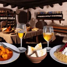 Tradycyjne dania węgierskie: gulasz, makaron z serem i papryczki chili, chleb i wino w piwniczce.