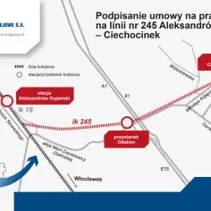 Mapa pokazuje trasę kolejową z Aleksandrowa Kujawskiego do Ciechocinka, ułatwiając planowanie podróży.