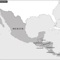 Mapa Ameryki Środkowej. Zaznaczony Meksyk, Gwatemala, Belize, Salwador, Honduras, Nikaragua, Kostaryka i Panama.