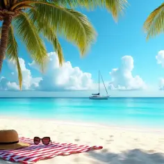 Idealne miejsce, gdzie na wakacje w lutym: piaszczysta plaża, palmy, turkusowa woda i żaglówka na horyzoncie.