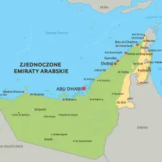 Mapa Zjednoczonych Emiratów Arabskich. Widać Zatokę Perską, Morze Arabskie i sąsiednie kraje. Gdzie leży Dubaj? Jest zaznaczony na czerwono, na północ od Abu Zabi.