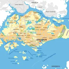 Mapa pokazuje, gdzie jest Singapur, jego dzielnice, wyspy i sąsiednie Malezja i Indonezja.