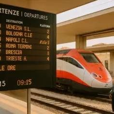 Tablica odjazdów pociągów we Włoszech. Para czeka na peronie, obok czerwono-białego pociągu.