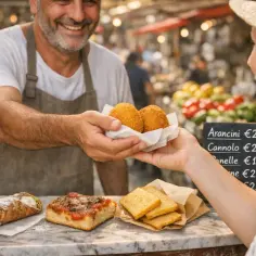 Uśmiechnięty sprzedawca podaje klientce arancini. Na ladzie cannolo, pizza i panelle. Ceny jedzenia we Włoszech są przystępne, np. arancini kosztują 2,50 euro.