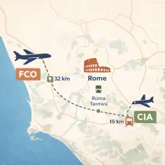 Mapa pokazuje, jak dojechać z Ciampino (CIA) do Termini w Rzymie. Z lotniska CIA do Termini jest 15 km autobusem.