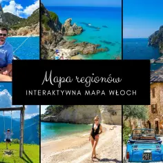 Odkryj, ile regionów mają Włochy, na interaktywnej mapie! Collage przedstawia malownicze krajobrazy, plaże i urokliwe miasteczka.