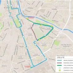 Mapa linii autobusowej nr 42 w Nowym Sączu, pokazująca aktualne i nowe trasy oraz przystanki.