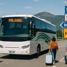 Autobus z napisem "MILANO" czeka na pasażerów. Znak "BUS AEROPORTO Orio al Serio" i "BERGAMO" wskazują drogę. To idealne miejsce, by dowiedzieć się, jak dojechać z lotniska Bergamo do Mediolanu.