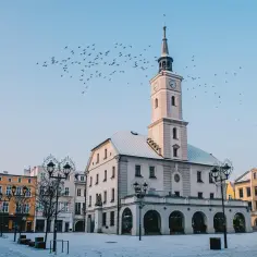 Ratusz w Gliwicach zimową porą, z ptakami na niebie. Jedno z wielu pięknych atrakcji w Gliwicach.