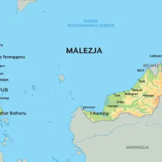 Mapa polityczna Malezji, pokazująca jej położenie między Tajlandią a Indonezją, otoczoną Morzem Południowochińskim i Morzem Celebes.