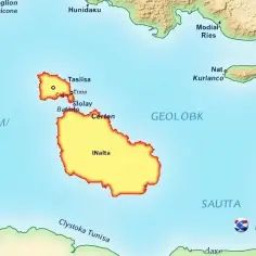 Mapa pokazuje, gdzie jest Malta, między POEEIM/ a SAUTTA, blisko wybrzeży Afryki i Europy.