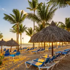 Plaża w Punta Cana, Dominikana, z rzędami leżaków i palm. Słońce zachodzi, tworząc złote światło.