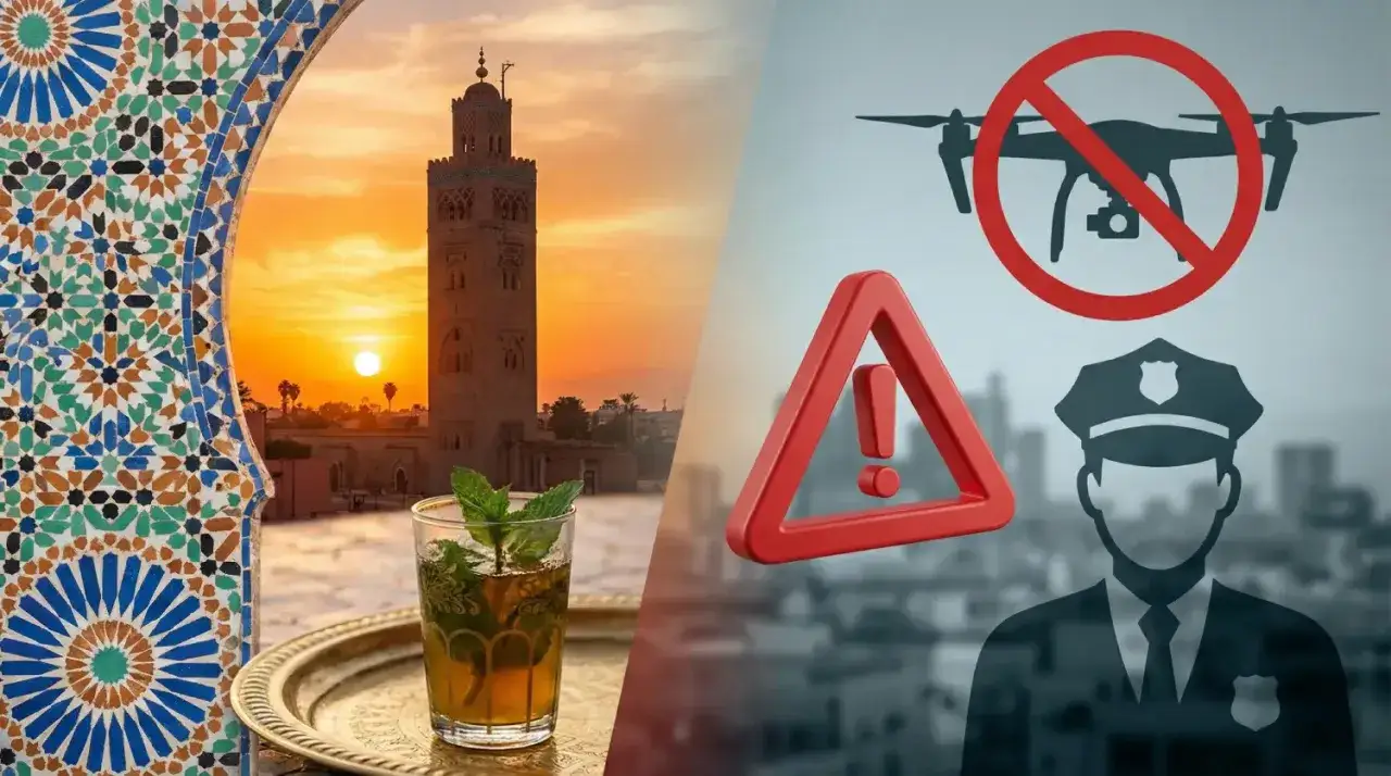 Czy Maroko jest bezpieczne? Z jednej strony zachód słońca nad meczetem Koutoubia i miętowa herbata, z drugiej ostrzeżenie o dronach i policja.