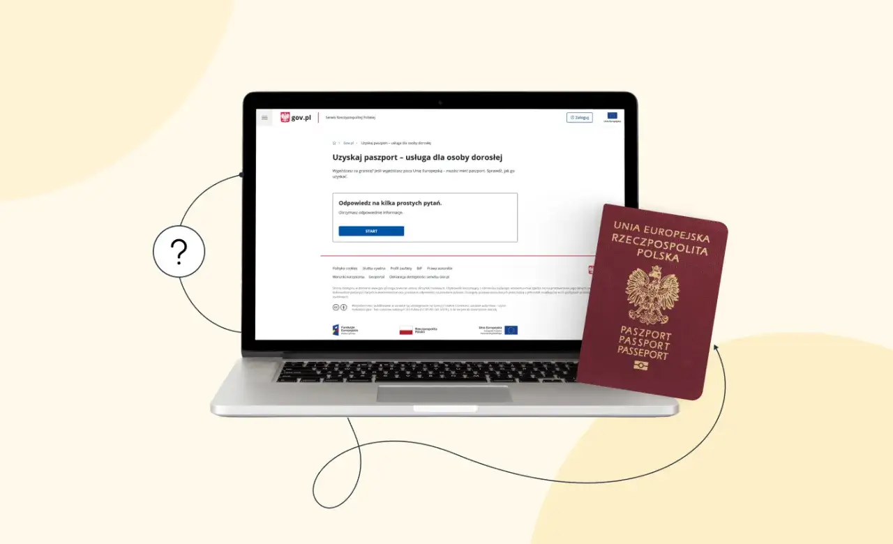 Czy do Tunezji potrzebny jest paszport? Sprawdź na gov.pl, jak uzyskać dokument podróży. Na ekranie laptopa widzimy stronę z informacją o paszportach.
