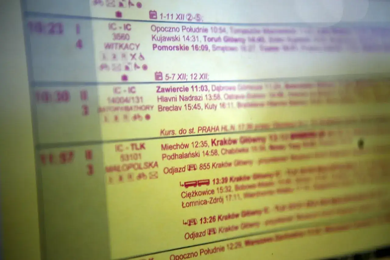 Rozkład jazdy pociągów na dworcu kolejowym Miechów. Widoczne odjazdy do Krakowa Głównego, Pragi i innych miast.