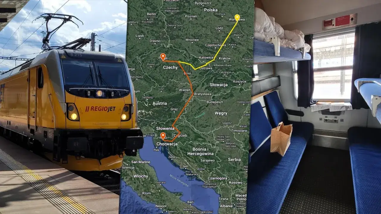 Podróż pociągiem RegioJet z Warszawy do Chorwacji. Mapa pokazuje trasę przez Czechy i Słowację do Zagrzebia.