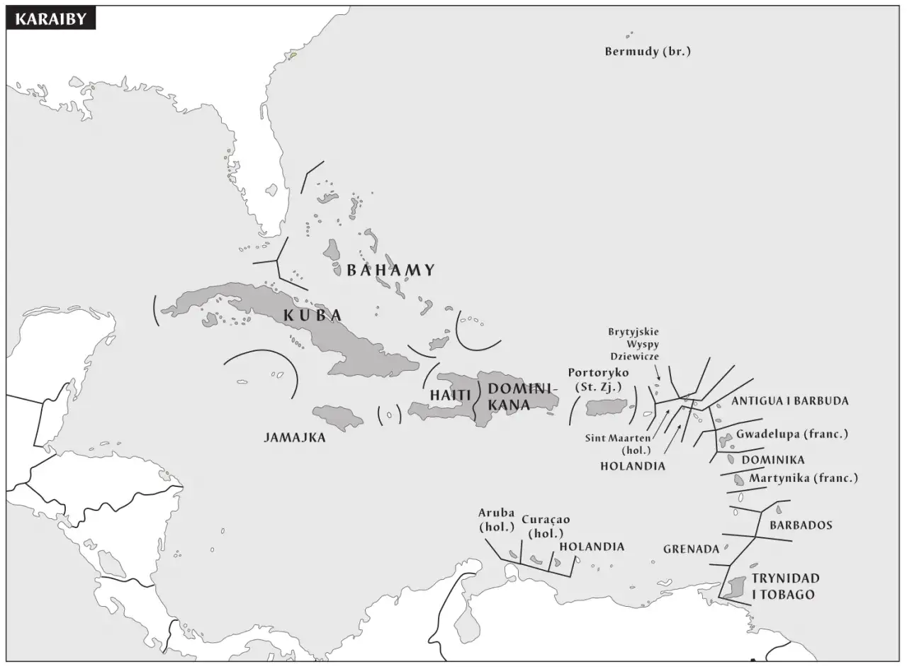 Mapa Karaibów. Dominikana leży na wschód od Haiti, między Portoryko a Martyniką.