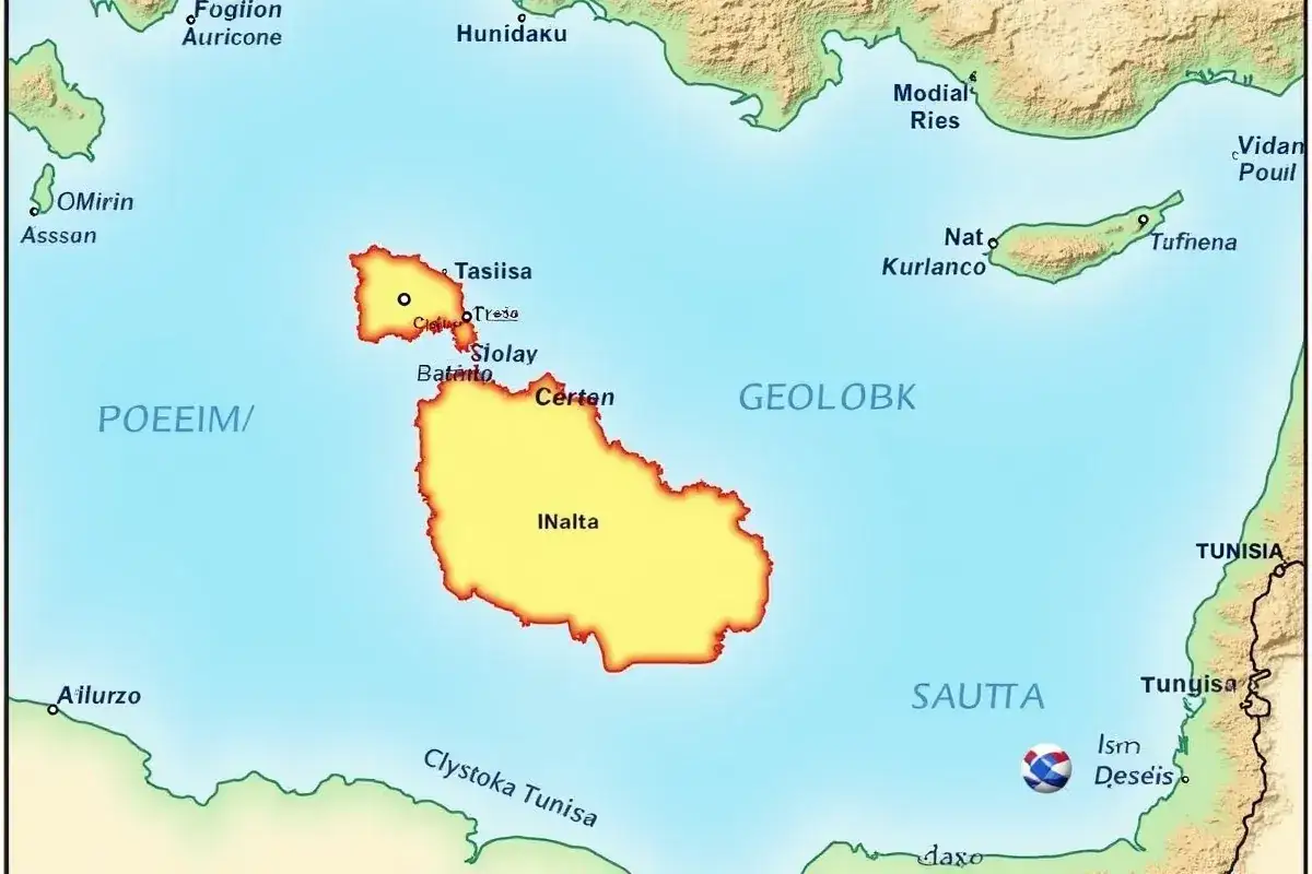 Mapa pokazuje, gdzie jest Malta, między POEEIM/ a SAUTTA, blisko Tunezji.