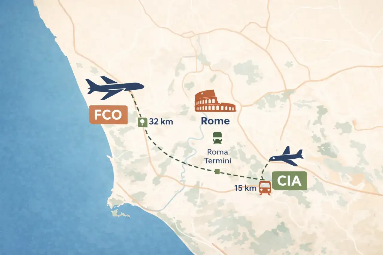 Mapa pokazuje, jak dojechać z Ciampino (CIA) do Termini (32 km) i z FCO do Rzymu (15 km).