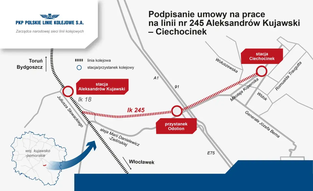 Mapa pokazuje trasę kolejową z Aleksandrowa Kujawskiego do Ciechocinka, ułatwiając planowanie podróży.