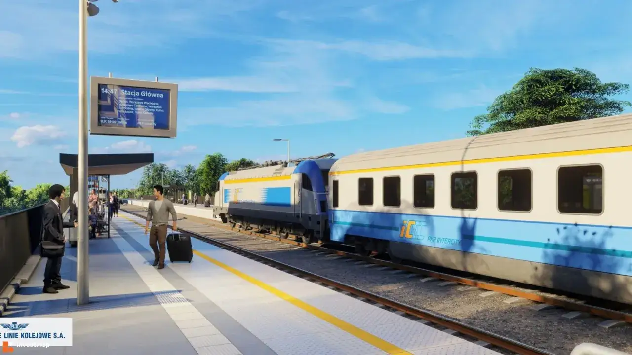 Nowoczesna stacja kolejowa na trasie Skierniewice-Warszawa. Pociąg PKP Intercity czeka na pasażerów.