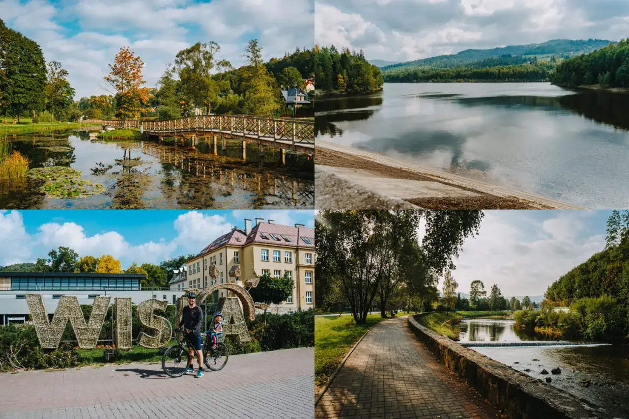 Wisła: malownicze jezioro, park z mostkiem, deptak nad rzeką i napis