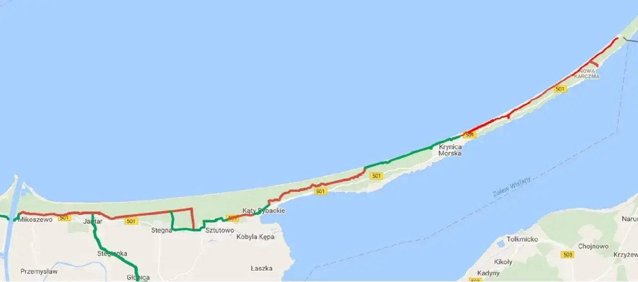 Mapa drogowa pokazująca trasę jak dojechać do Krynicy Morskiej przez Stegnę i Jantar.