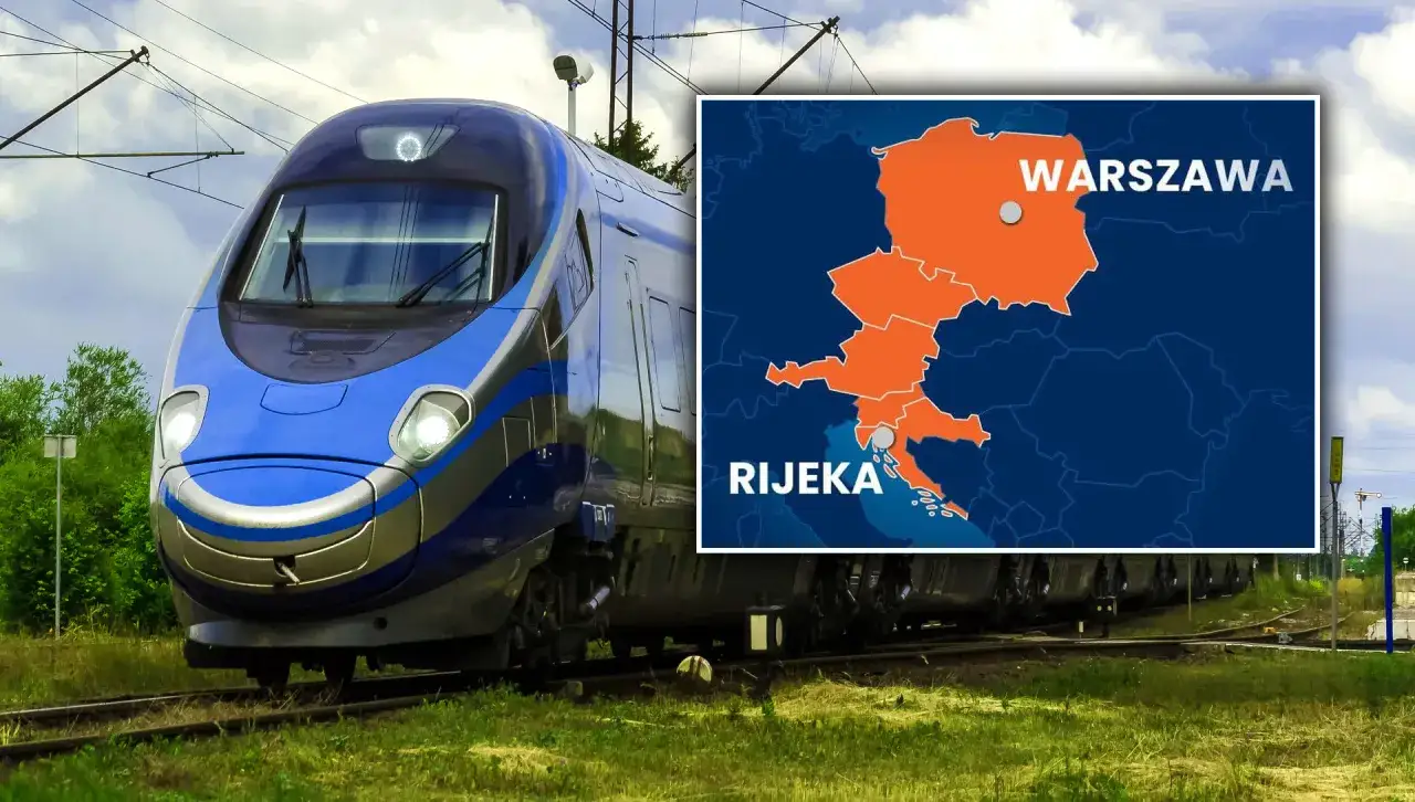 Niebieski pociąg Pendolino gotowy do podróży. Mapa pokazuje połączenie kolejowe do Chorwacji, z Warszawy do Rijeki.