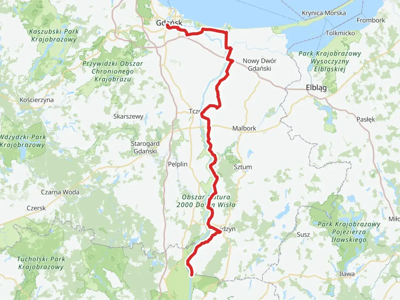 Trasa z Gdańska do Krynicy Morskiej przez Malbork i Elbląg. Mapa pokazuje drogę przez parki krajobrazowe i tereny nad Wisłą.