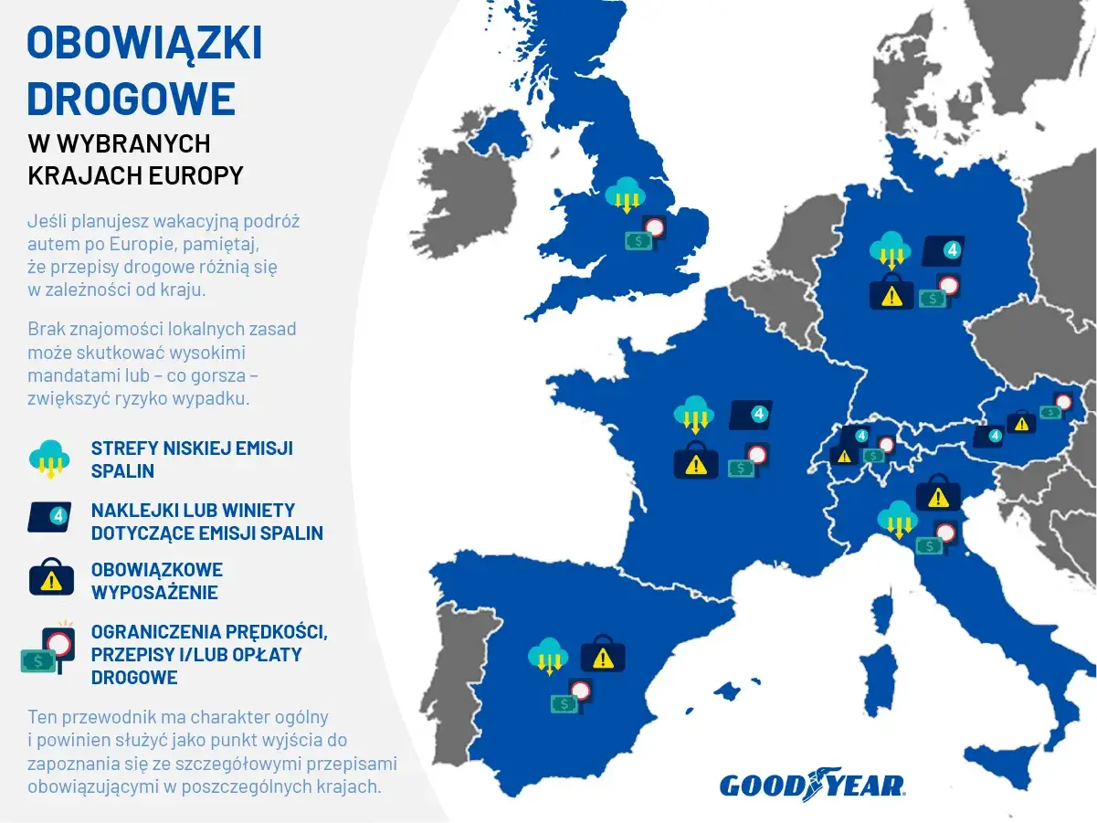 Planując podróż samochodem do Włoch i innych krajów Europy, sprawdź lokalne przepisy drogowe. Mapa pokazuje strefy niskiej emisji, winiety, wyposażenie i ograniczenia prędkości.